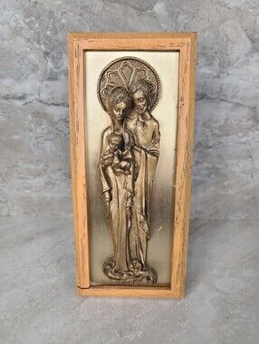 Vintage Midcentury Bronze Italian Holy Family Carving Metal & Wood Wall Hanging